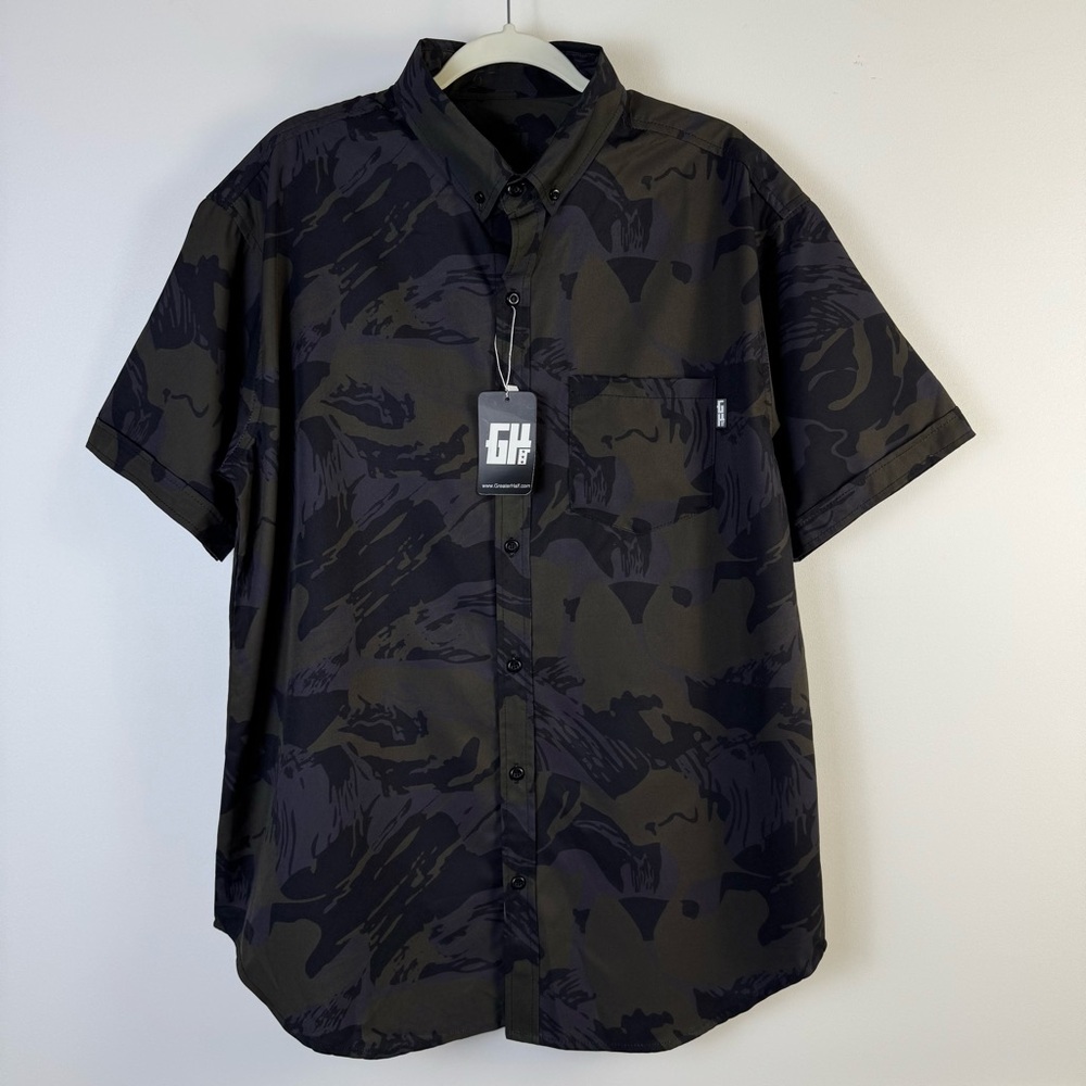 NWT Greater Half XL Camo Button Down Olive Blackout Black Performance